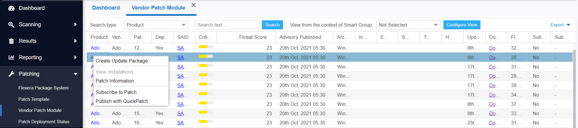 Selecting Subscribe to Patch from the Context Menu